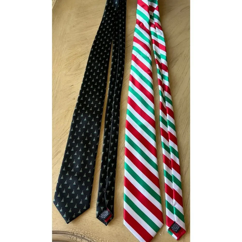 VTG Holiday Traditions Ties Christmas Red Black Silk Stripes Tree Necktie Lot 2